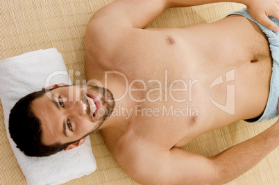 high angle view of smiling male at spa
