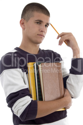 thinking student holding books