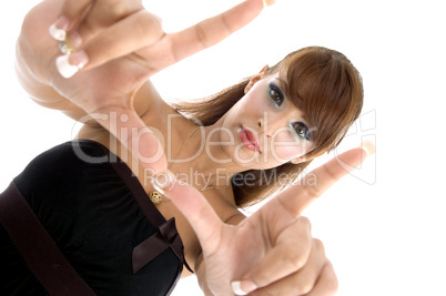 gorgeous woman showing hand gesture