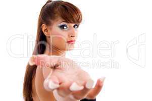 gorgeous woman showing questioning gesture