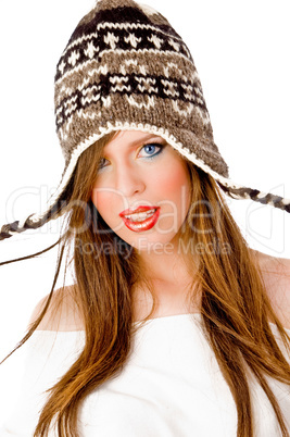 front view of woman wearing woolen cap