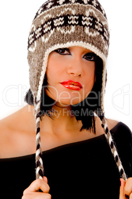 front view of model wearing woolen cap