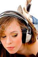 close view of young model wearing headphone