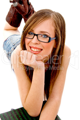 top view of smiling woman looking at camera