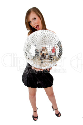 front view of standing female holding discoball