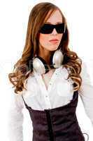 front view of young beautiful model with headphone