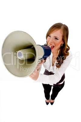 top view of female holding loudspeaker