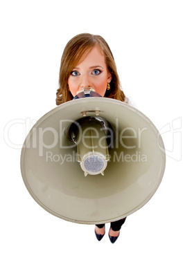 top view of woman holding loudspeaker