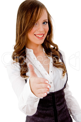 front view of smiling female offering handshake