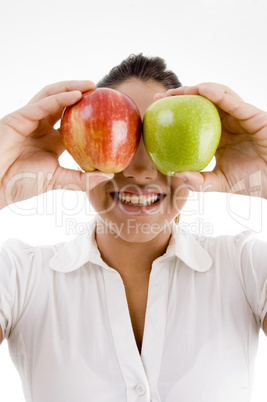 young american model with apples