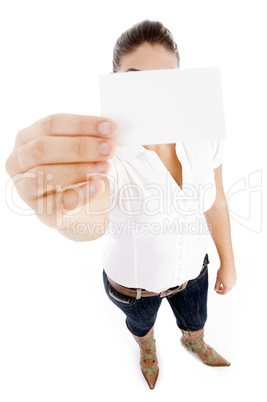 full body pose of pretty young caucasian showing business card