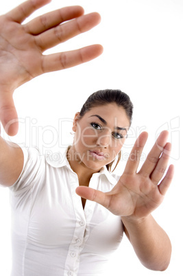 young woman making directing gesture