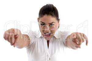 shouting woman pointing you with both hands