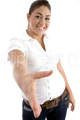 smiling model offering hand shake