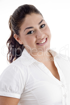 pretty young caucasian smiling and looking at camera