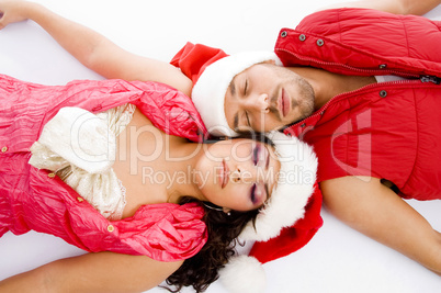 loving american couple lying down on floor