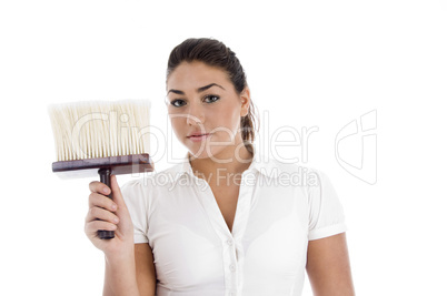 close up view of female cleaner holding dusting brush
