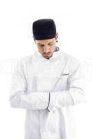 pleased caucasian chef looking downwards