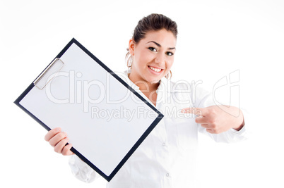 portrait of doctor pointing notepad