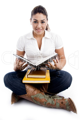 sitting woman going to read book