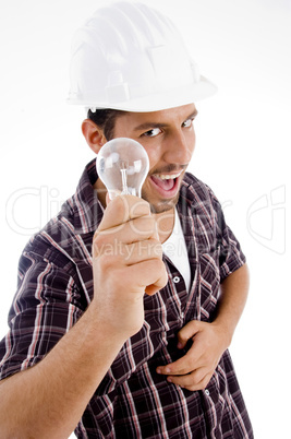 engineer showing electric bulb