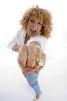 shouting woman showing you punch