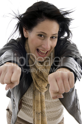 woman showing clenched fists