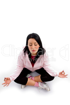 top view of model doing meditation on white background
