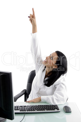 front view of pointing doctor on white background