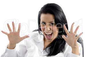 portrait of  shouting female doctor on white background