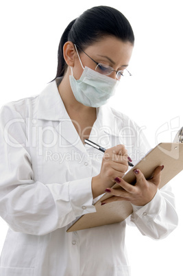 front view of doctor giving prescription on white background