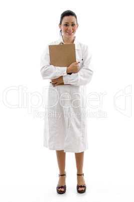 front view of doctor holding writing pad on white background
