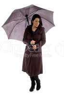 front view of woman holding umbrella on white background