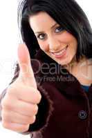 close view of happy model with thumbs up
