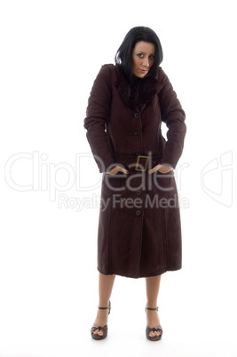 front view of woman wearing overcoat on white background