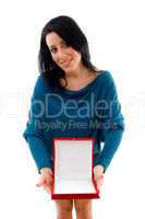 front view of woman showing jewellery box on white background