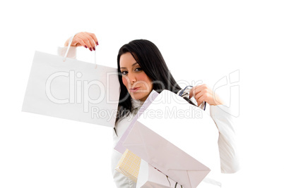 portrait of woman showing shopping bags on white background