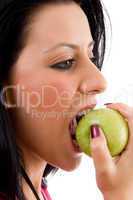 side pose of woman eating apple on white background