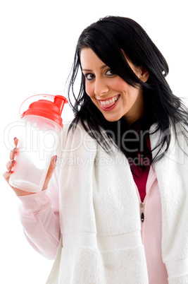 front view of happy female with bottle on white background