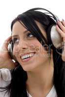 close up of smiling female wearing headphone