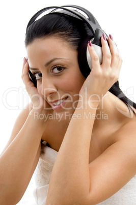 top view of smiling female wearing headphone