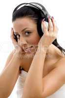 top view of smiling female wearing headphone