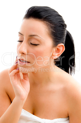 top view of woman with closed eyes on an isolated background