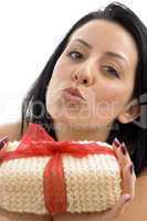 close up of woman posing with scrubber