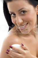 portrait of smiling female with soap