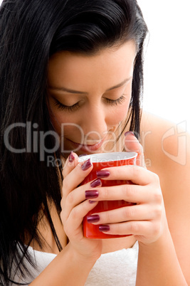 top view of female holding coffee mug on an isolated background