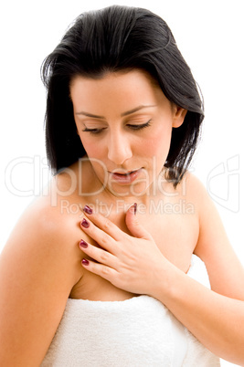high angle view of female touching her body with white background