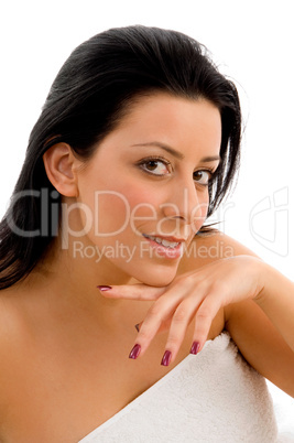top view of smiling woman looking at camera on an isolated background