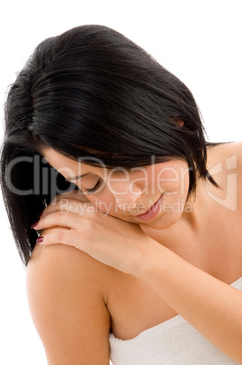 top view of relaxing woman against white background