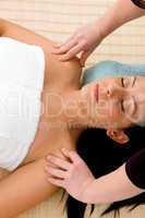 high angle view of woman taking massage with white background